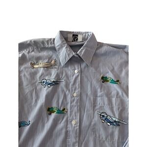 Vintage CS Novelty Airplane Embroidered Blue Pinstripe Button Shirt Womens Med
